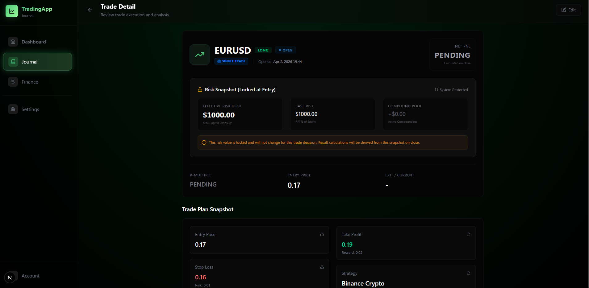 Pending trade with risk snapshot
